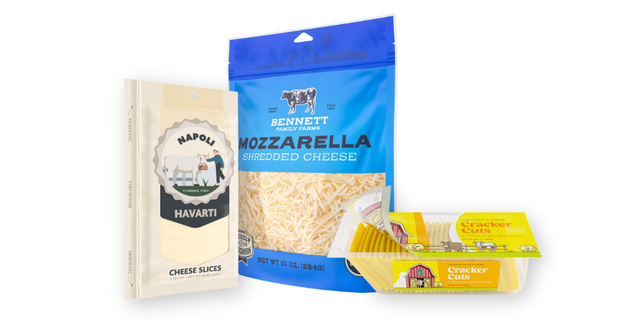 Flexible packaging for cheese shredded cheese and cheese slices.