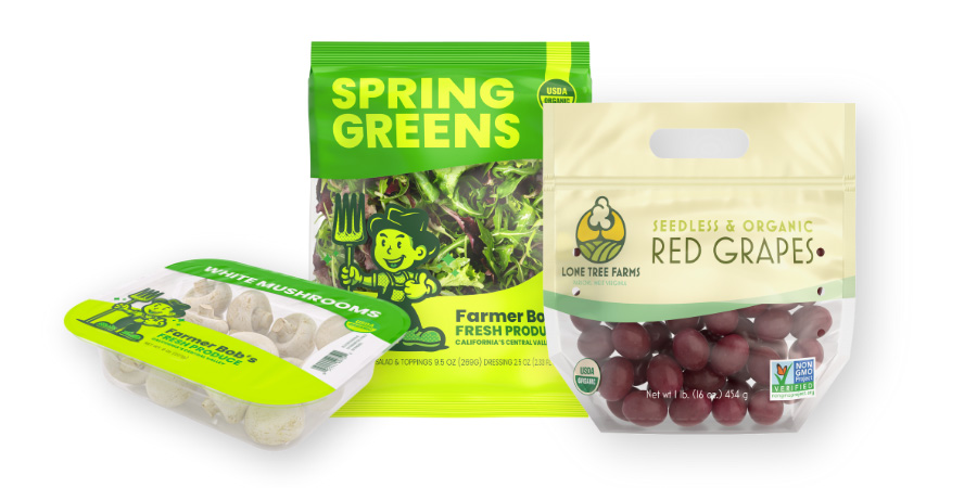Produce flexible packaging including spring greens, mushrooms, and red grapes.