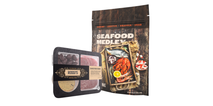 Ready to eat flexible packaging including frozen seafood, cheese tray and sirloin filets.