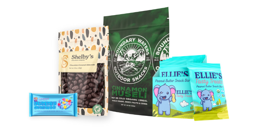 Flexible packaging for snacks and candy including gummy candy, cinnamon muesli, and chocolate-covered peanuts.