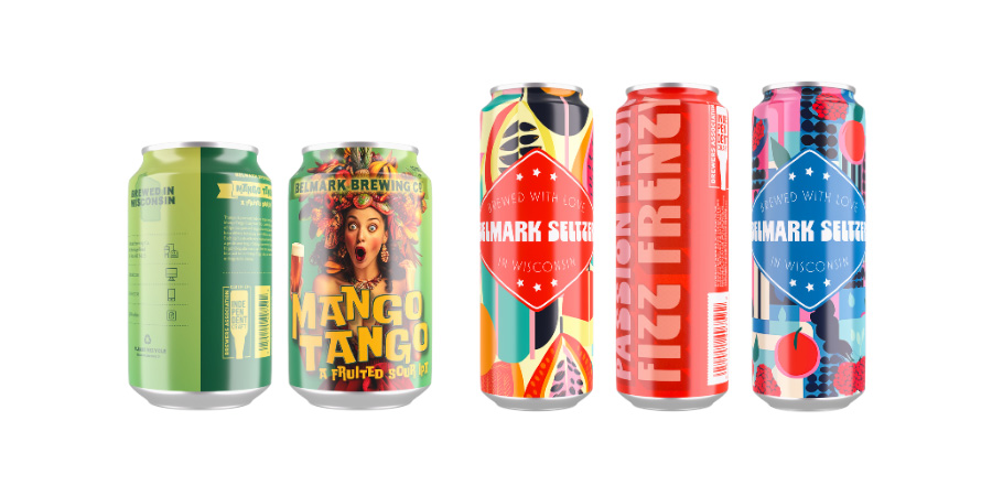 Shrink sleeves on cans of beer and seltzer.