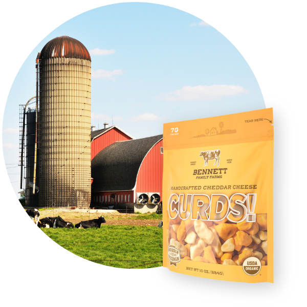 A flexible pouch of cheese curds next to a picture of a dairy farm.