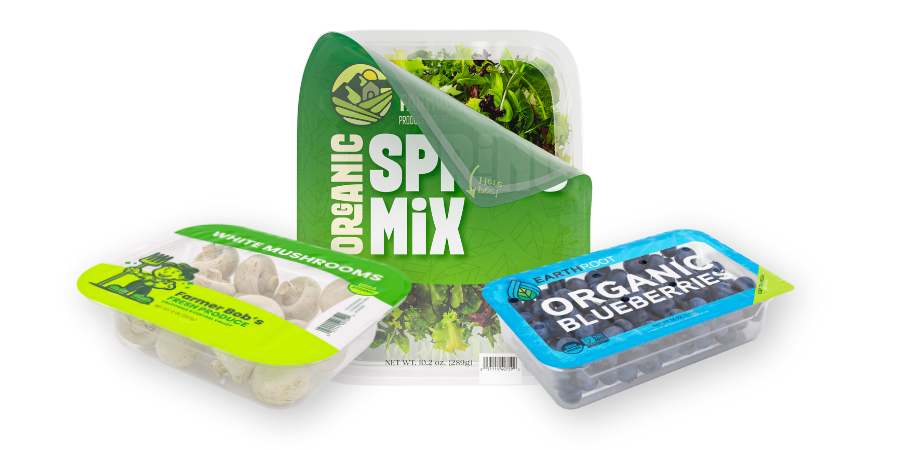 Fresh produce in trays with lidding film.