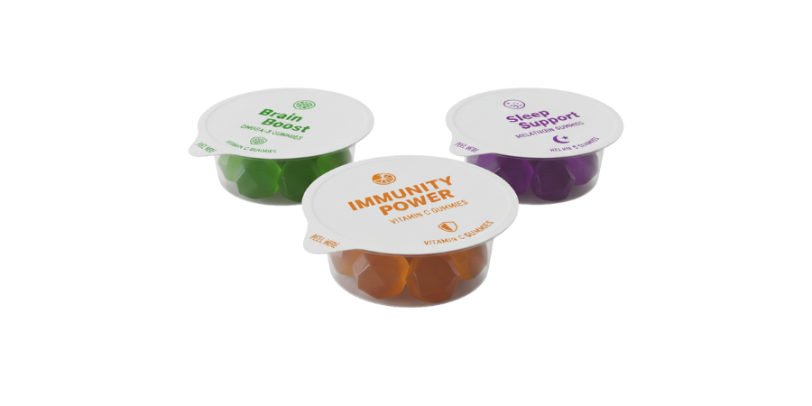 Gummy vitamins in small trays with lidding film.