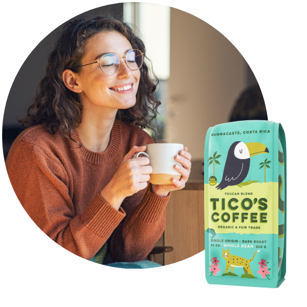 A woman drinking a cup of coffee next to a picture of a coffee folder over pouch.