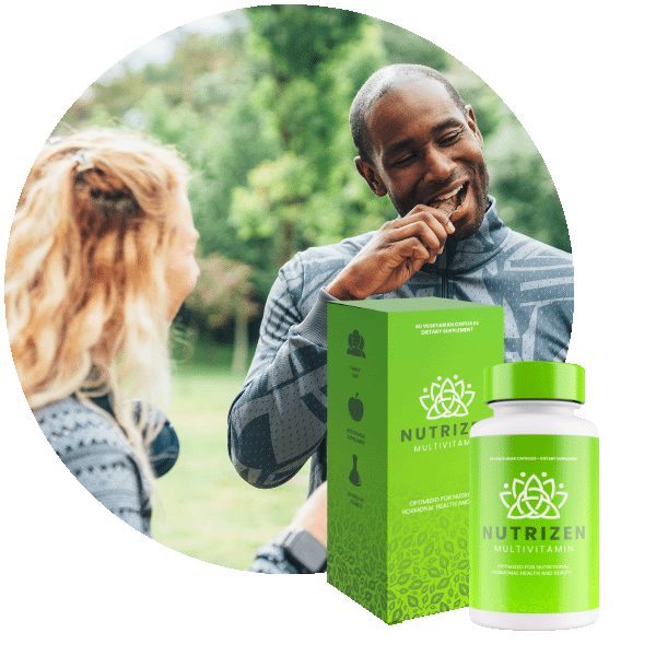 A multivitamin bottle and matching carton next to an image of people with an active lifestyle.