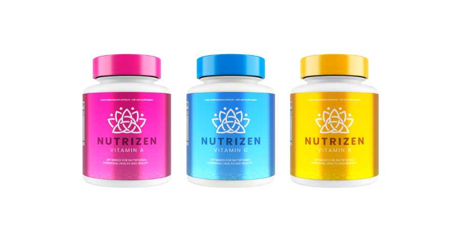 Three multivitamin bottles with metallic labels.