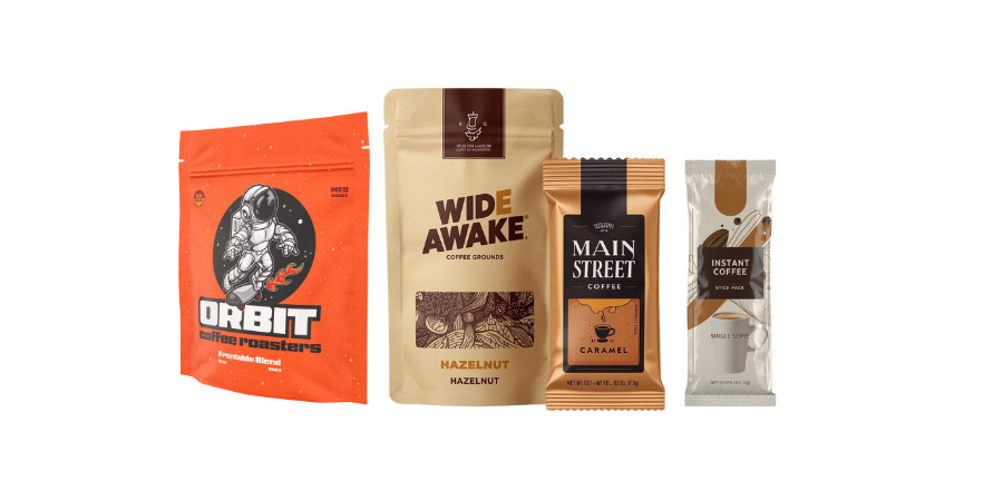 Single serve instant coffee stick packs and small pouches of ground coffee.