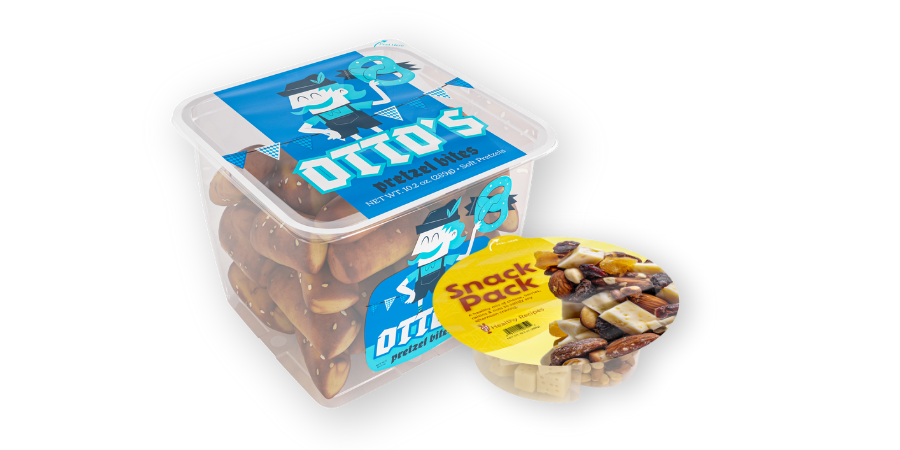 Soft pretzels and a snack tray with lidding film