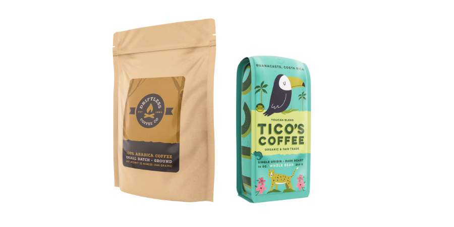 Whole bean and ground coffee in pouches.