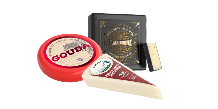 Three packages of cheese - gouda, parmesan and black truffle