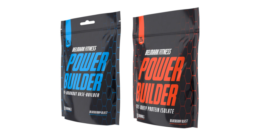 Two stand up pouches of “Power Builder” protein powder.