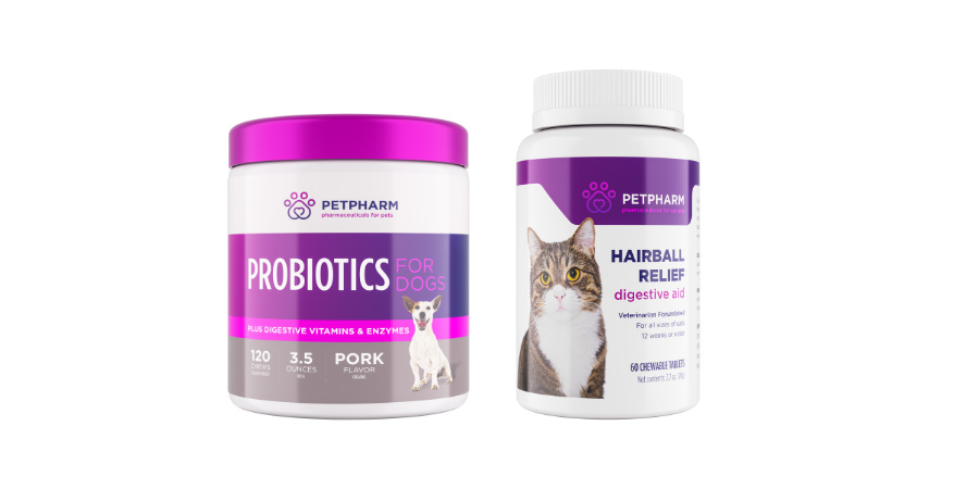 Canister of dog probiotics and a bottle of cat digestive aid with custom labels.