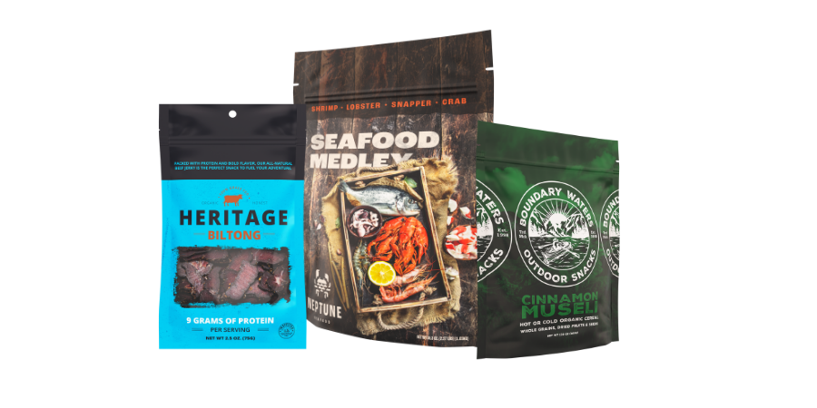 Stand up pouches of jerky, frozen seafood and ready-to-eat cereal.