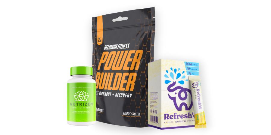 Sustainable nutraceutical products including a multivitamin bottle, protein powder pouch and a stick pack carton.