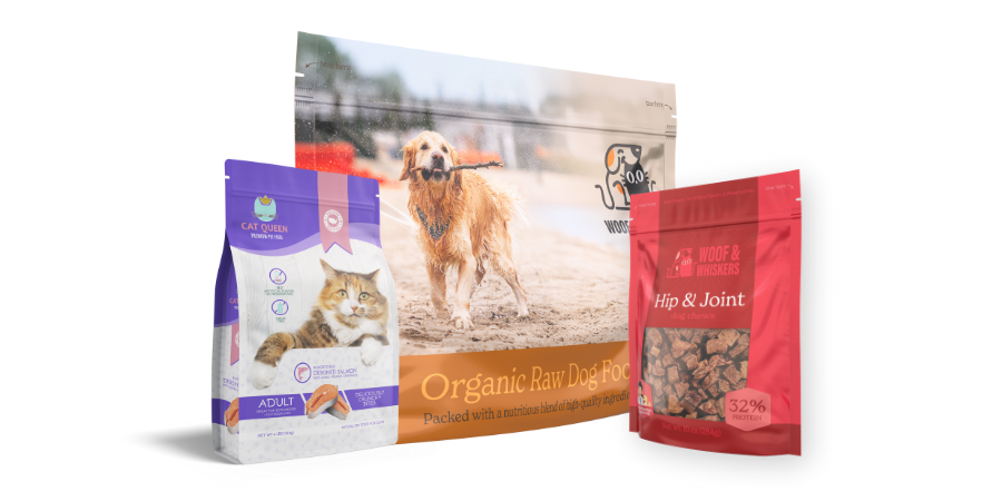 Bags and box-style pouches of dog and cat food.