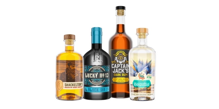 distillery bottles with custom roll labels