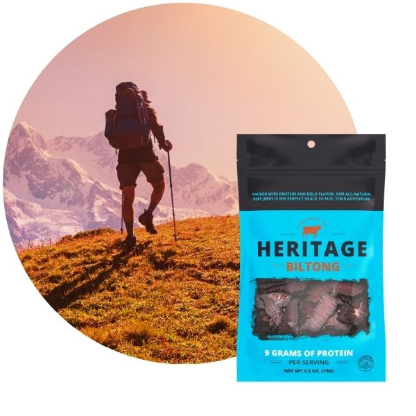 Jerky pouch beef jerky pouch rendering with person hiking in the background