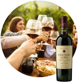 wine label rendering with wine glasses in the background