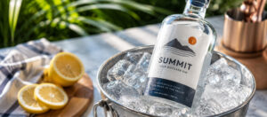 bottle of distilled gin with pressure sensitive label