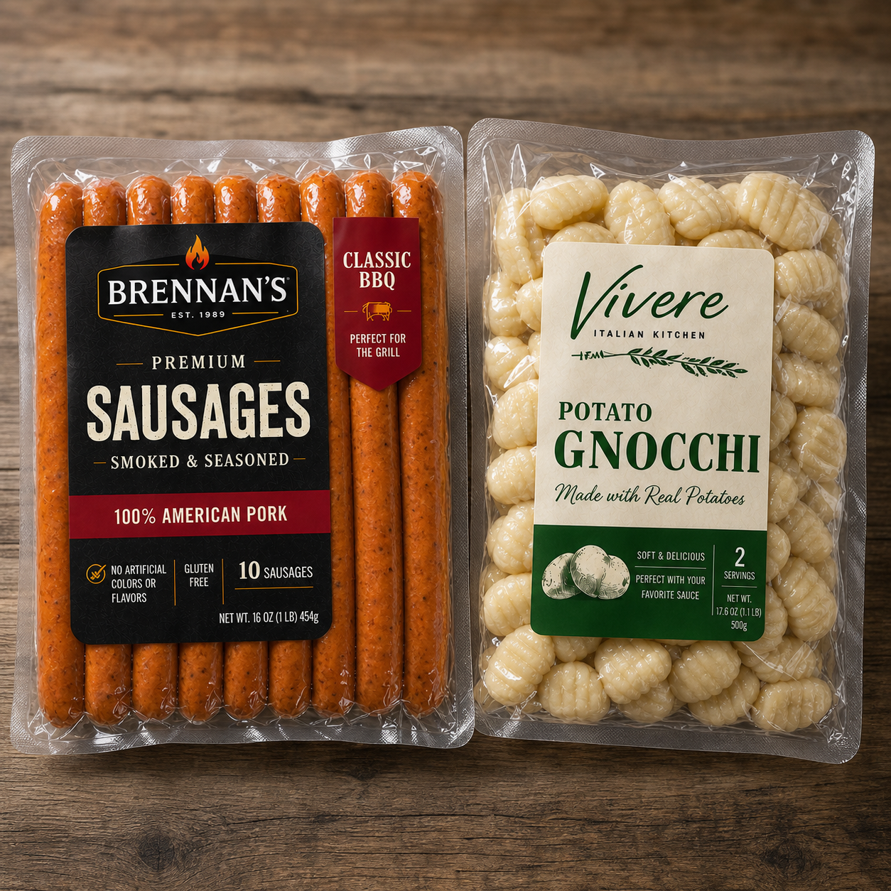 premium smoked sausages and potato gnocchi in clear packaging