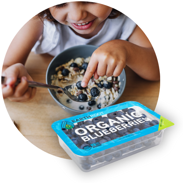 resealable lidding film packaging with organic blueberries and kid eating in background