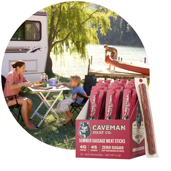 summer sausage meat sticks in custom display box with family camping in background