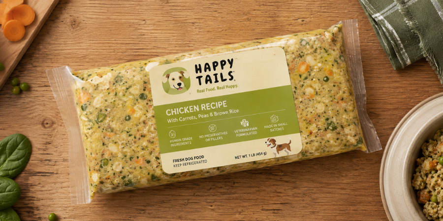 fresh dog food in clear packaging with food label