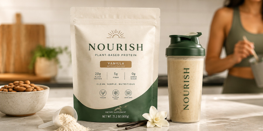plant-based protein powder in resealable pouch
