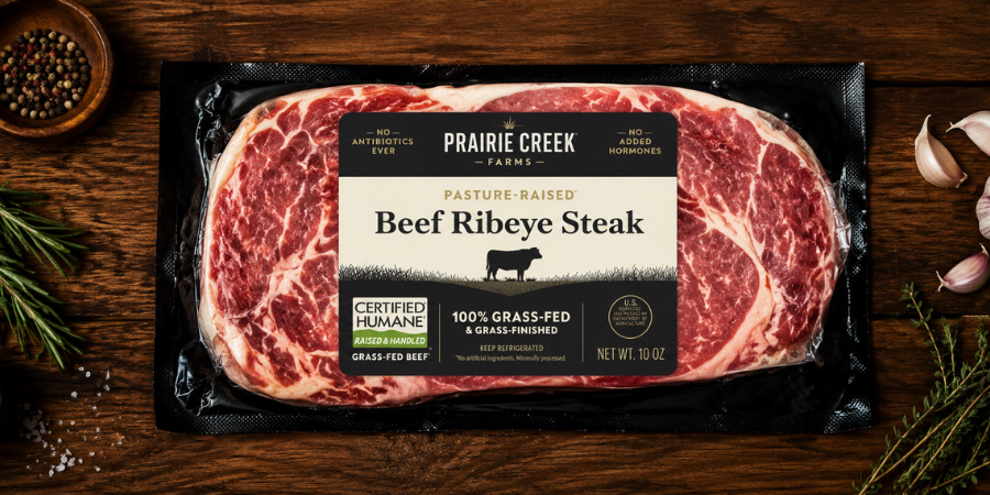 packaged beef ribeye steak with food label