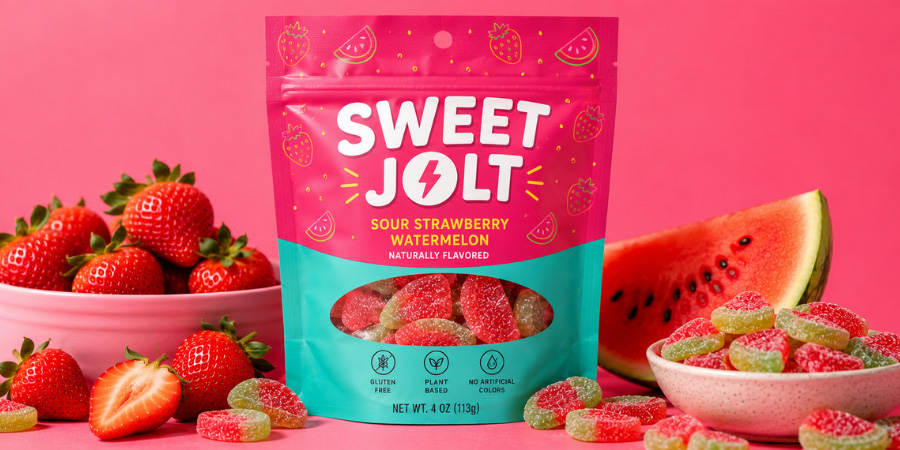 sour strawberry watermelon gummy candy in snack packaging