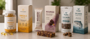 fish oil, granola bar and salmon treats in folding carton packaging comparing to other packaging
