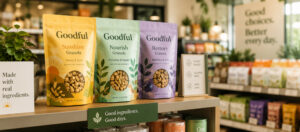 granola in flexible packaging pouches in a retail setting