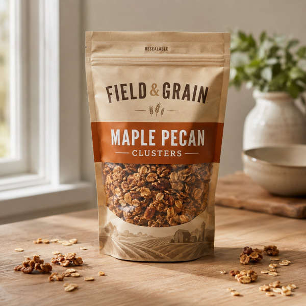 maple pecan cluster granola in digital printed pouch
