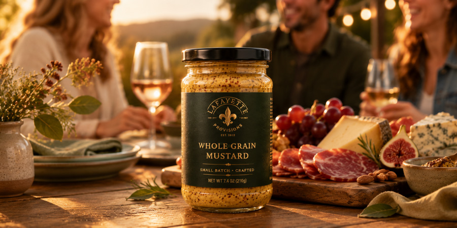 jar of whole grain mustard with custom food label