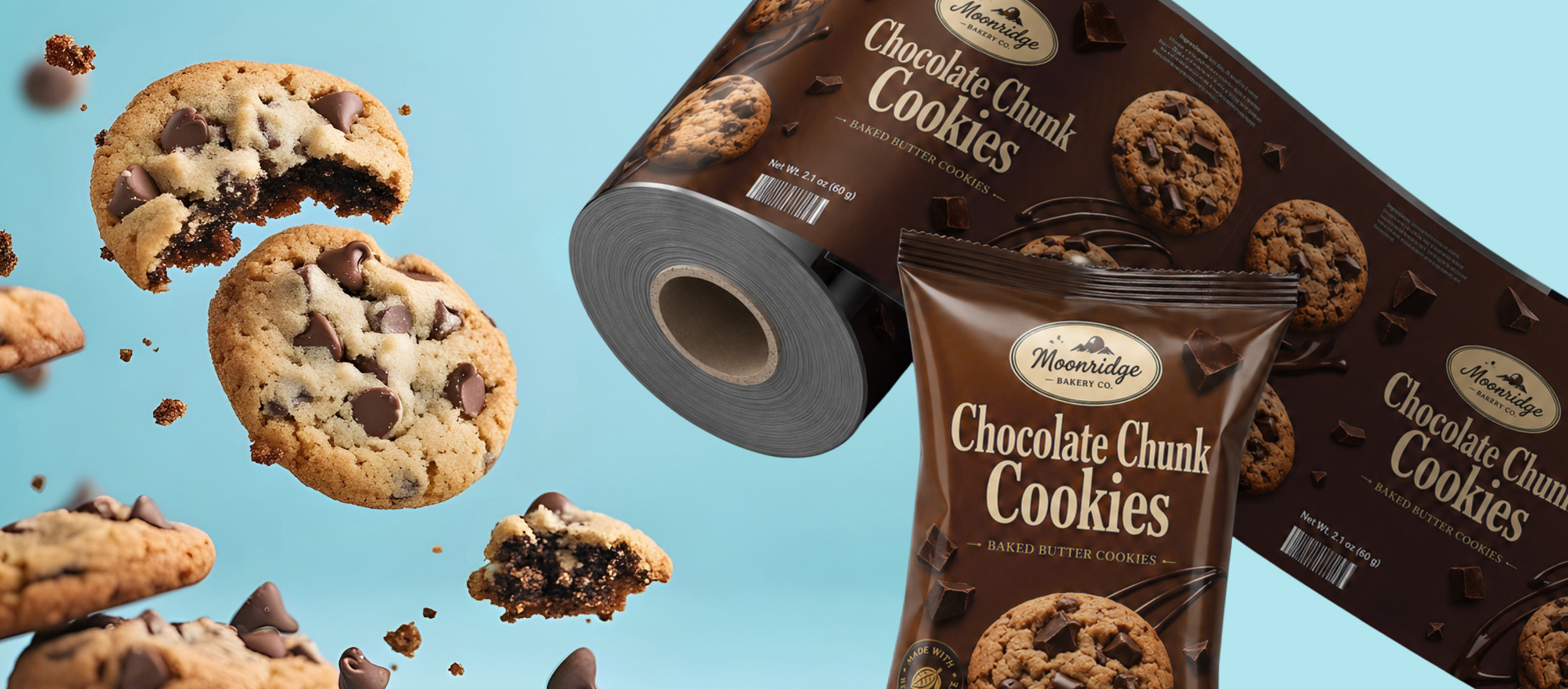 rollstock and pouch cookie packaging renders on light blue background