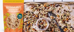 homemade granola on pan with a rendering of a granola package