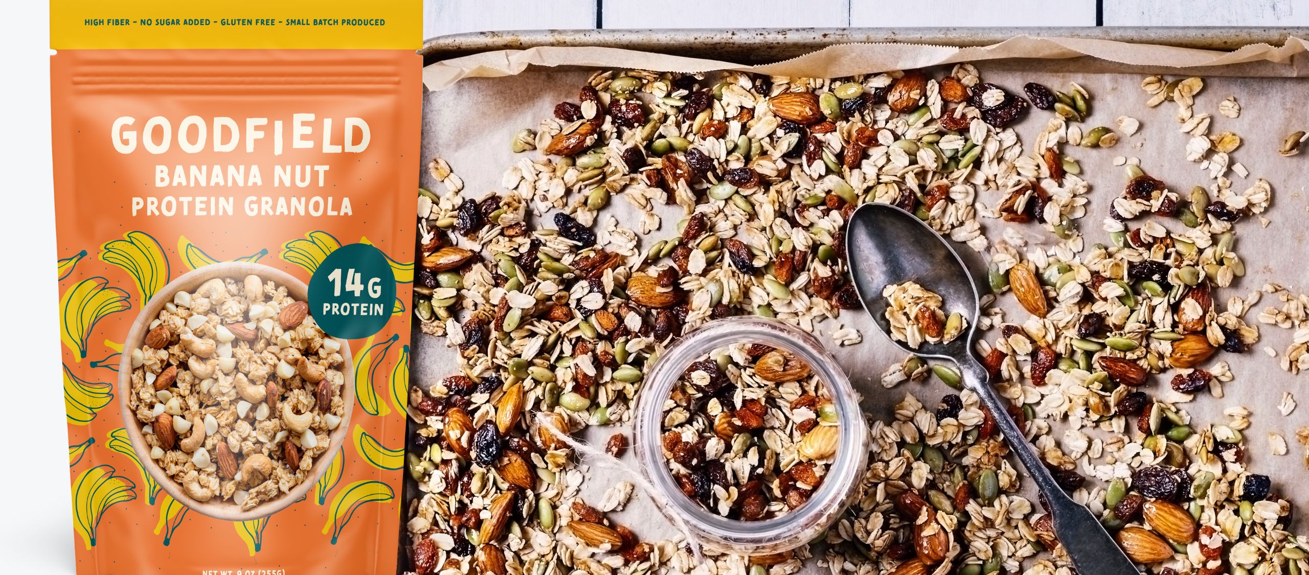 homemade granola on pan with a rendering of a granola package
