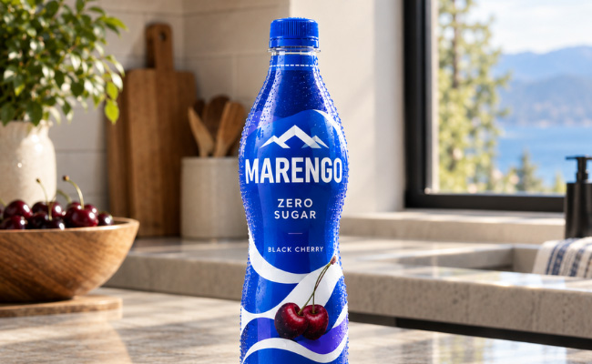 Custom shrink sleeve on a bottle on kitchen counter