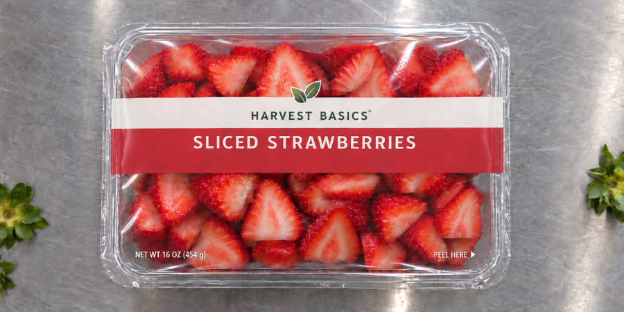 Strawberries in peel packaging.