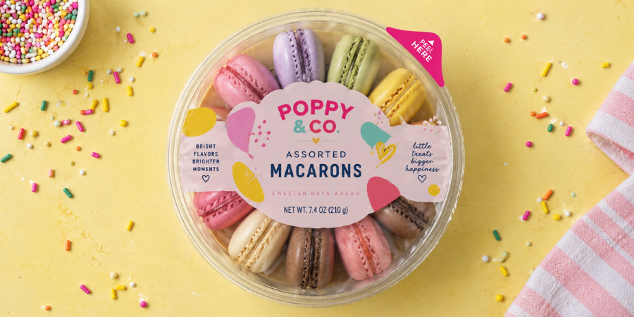 Macaron cookies in peel packaging.