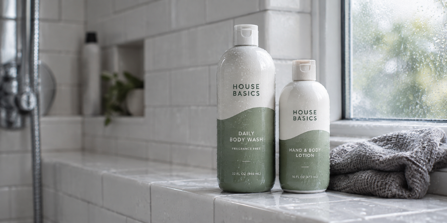 Custom shrink sleeve on body wash in bathroom