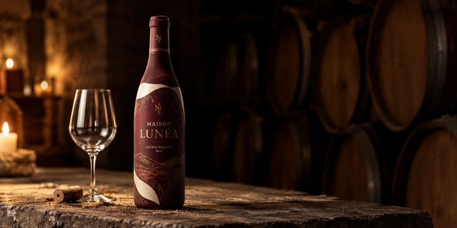 shrink sleeve on wine by fireplace