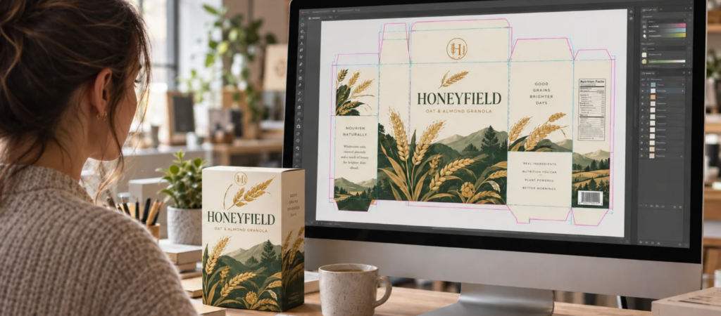 woman looking at folding carton design on her computer
