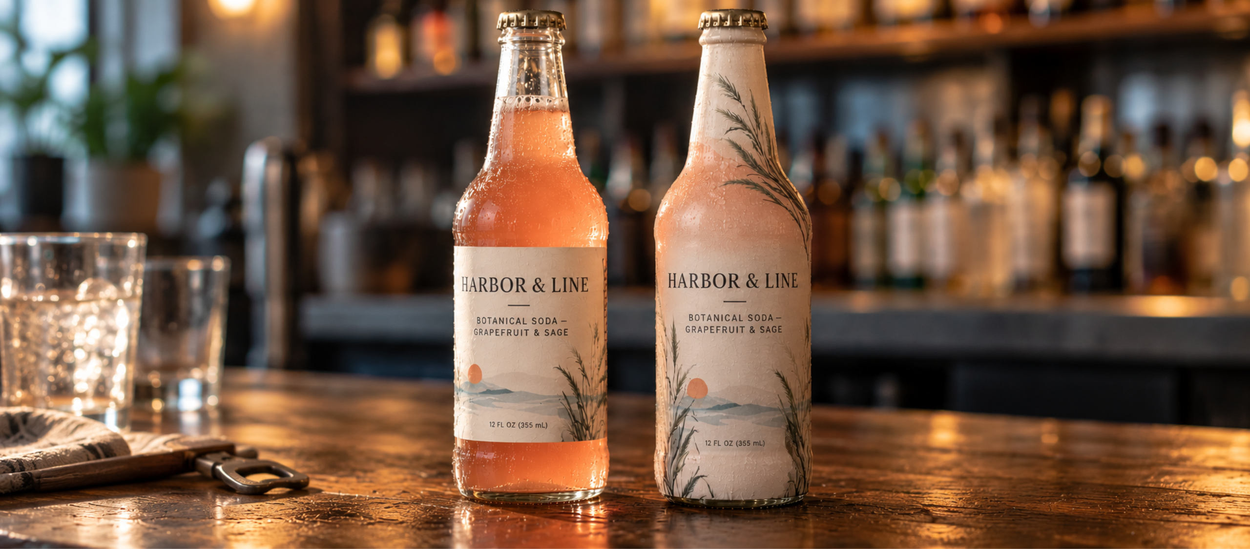 botanical soda bottle with pressure sensitive label and shrink sleeve
