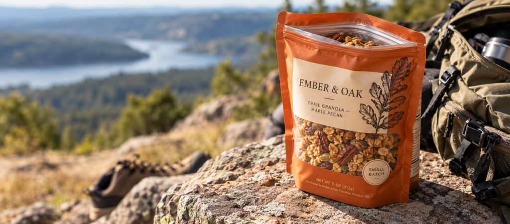 resealable stand up pouch placed on a rock on a cliff