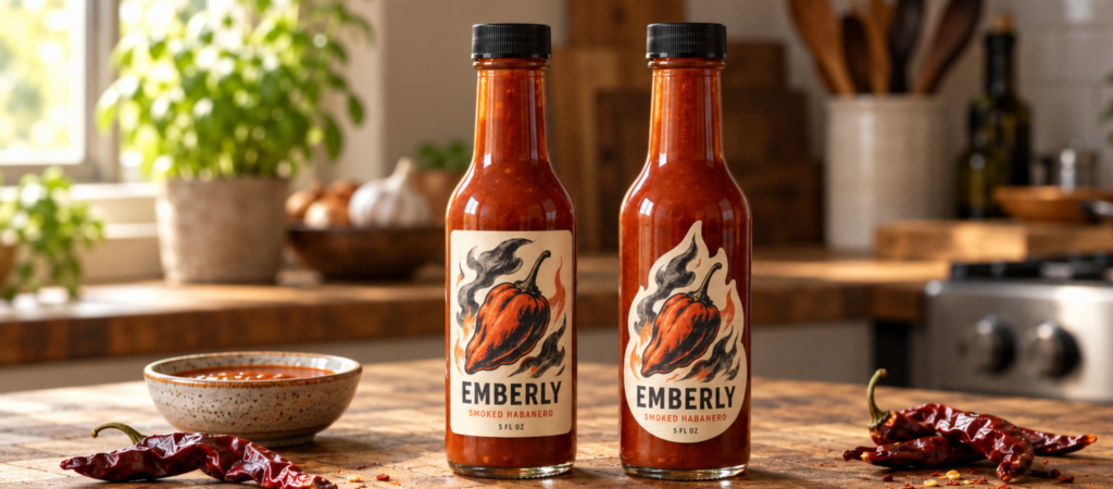 smoked habanero bottles with different shapes of pressure sensitive labels